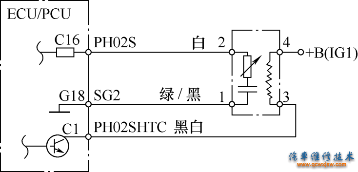 图7-9 二氧化锆式氧传感器与ECU的连接电路