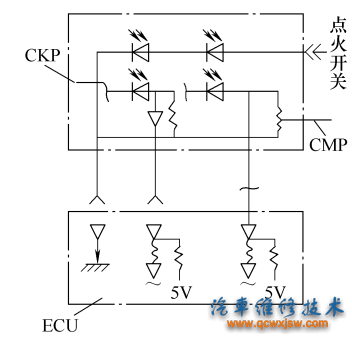 图6-9 光电式曲轴位置传感器与ECU的连接电路